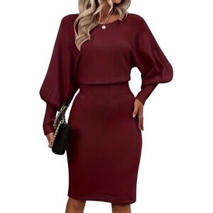 Women’s Solid Color Lantern Sleeve Waist Sweater Dress